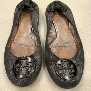 Dark Gray Metallic Tory Burch Minnie Ballet - Size 8